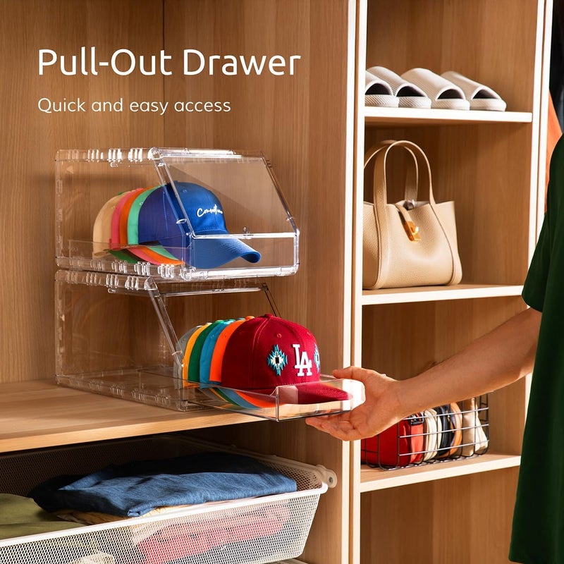 Ozueccr Hat Organizer Box – Stackable Clear Display Box with Sliding Drawer, Holds 15 Baseball Caps, Closet and Shelf Organizer for Hats, Transparent Display with Anti-Slip Feet - Image 3